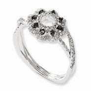 Sterling Silver Black and White Diamond Flower Ring