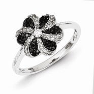 Sterling Silver Black and White Diamond Flower Ring