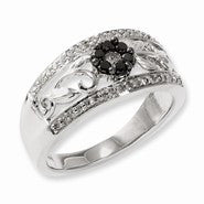 Sterling Silver Black and White Diamond Floral Ring