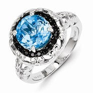 Sterling Silver Blue Topaz and Black Diamond Ring