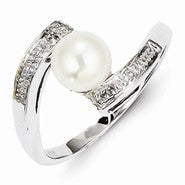 Sterling Silver w/Rhodium Plated Diamond and FW Cultured Pearl Ring