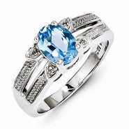 Sterling Silver w/Rhodium Plated Diamond & Light Swiss Blue Topaz Ring