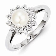 Sterling Silver w/Rhodium Plated CZ and Freshwater Cultured Pearl Ring