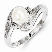 Sterling Silver w/Rhodium Plated Diamond and FW Cultured Pearl Ring