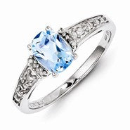 Sterling Silver w/Rhodium Plated Diamond and Sky Blue Topaz Cushion Ring