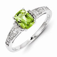 Sterling Silver w/Rhodium Plated Diamond and Peridot Cushion Ring