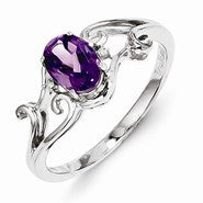 Sterling Silver w/Rhodium Plated Diamond and Amethyst Oval Ring