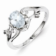 Sterling Silver w/Rhodium Plated Diamond & Aquamarine Oval Ring