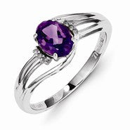 Sterling Silver w/Rhodium Plated Diamond and Amethyst Oval Ring