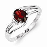 Sterling Silver w/Rhodium Plated Diamond and Garnet Oval Ring