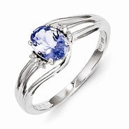 Sterling Silver w/Rhodium Plated Diamond and Tanzanite Oval Ring