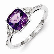 Sterling Silver w/Rhodium Plated Diamond and Amethyst Ring