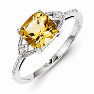 Sterling Silver w/Rhodium Plated Diamond and Citrine Ring