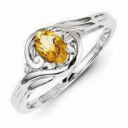 Sterling Silver w/Rhodium Plated Diamond & Citrine Ring