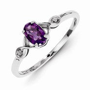 Sterling Silver w/Rhodium Plated Diamond and Amethyst Oval Ring