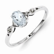 Sterling Silver w/Rhodium Plated Diamond and Aquamarine Oval Ring