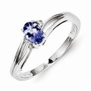 Sterling Silver w/Rhodium Plated Diamond & Tanzanite Oval Ring