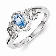 Sterling Silver w/Rhodium Plated Diamond & Sky Blue Topaz Oval Ring