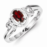 Sterling Silver w/Rhodium Plated Diamond & Garnet Oval Ring