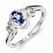 Sterling Silver w/Rhodium Plated Diamond & Tanzanite Oval Ring