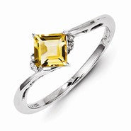 Sterling Silver w/Rhodium Plated Diamond & Citrine Square Ring