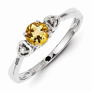 Sterling Silver w/Rhodium Plated Diamond and Citrine Round Ring