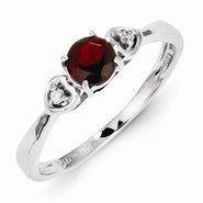 Sterling Silver w/Rhodium Plated Diamond and Garnet Round Ring