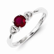 Sterling Silver w/Rhodium Plated Diamond and Ruby Round Ring