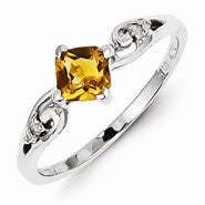 Sterling Silver w/Rhodium Plated Diamond and Citrine Cushion Ring