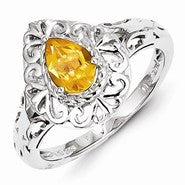 Sterling Silver w/Rhodium Plated Citrine Teardrop Ring