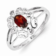 Sterling Silver w/Rhodium Plated Diamond & Garnet Oval Ring