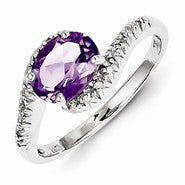 Sterling Silver w/Rhodium Plated Diamond and Amethyst Oval Ring