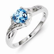 Sterling Silver w/Rhodium Plated Diamond Light Swiss Blue Topaz Heart Ring