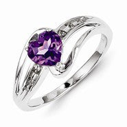 Sterling Silver w/Rhodium Plated Diamond and Amethyst Heart Ring