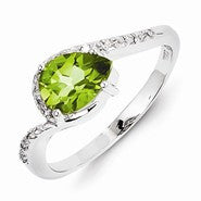 Sterling Silver w/Rhodium Plated Diamond and Peridot Oval Ring