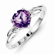 Sterling Silver w/Rhodium Plated Diamond and Amethyst Heart Ring