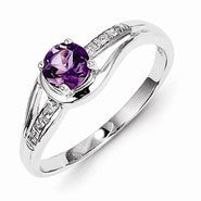 Sterling Silver w/Rhodium Plated Diamond and Amethyst Round Ring