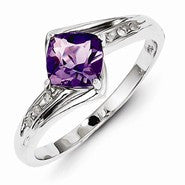 Sterling Silver w/Rhodium Plated Diamond and Amethyst Square Ring