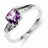 Sterling Silver w/Rhodium Plated Diamond and Amethyst Square Ring