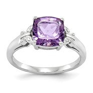 Sterling Silver w/Rhodium Plated Diamond and Amethyst Square Ring