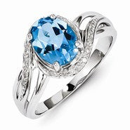 Sterling Silver w/Rhodium Plated Diamond and Light Swiss Blue Topaz Square Ring