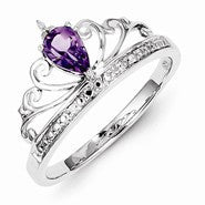 Sterling Silver w/Rhodium Plated Diamond & Amethyst Teardrop Ring