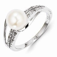 Sterling Silver w/Rhodium Plated Diamond and FW Cultured Pearl Ring