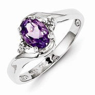 Sterling Silver w/Rhodium Plated Diamond and Amethyst Oval Ring