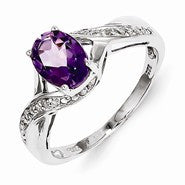 Sterling Silver w/Rhodium Plated Diamond and Amethyst Oval Ring