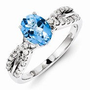 Sterling Silver w/Rhodium Plated Diamond Light Swiss Blue Topaz Oval Ring