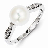 Sterling Silver w/Rhodium Plated Diamond and FW Cultured Pearl Ring