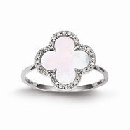 Sterling Silver Diamond & Mother of Pearl 4-Leaf Clover Ring