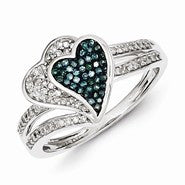 Sterling Silver w/Rhodium Plated Blue & White Diamond Hearts Ring