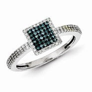 Sterling Silver Blue and White Diamond Square Ring